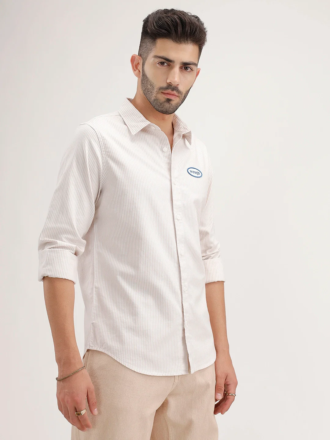 Regular Fit Striped Patch Detail Shirt | Beige - Image 4