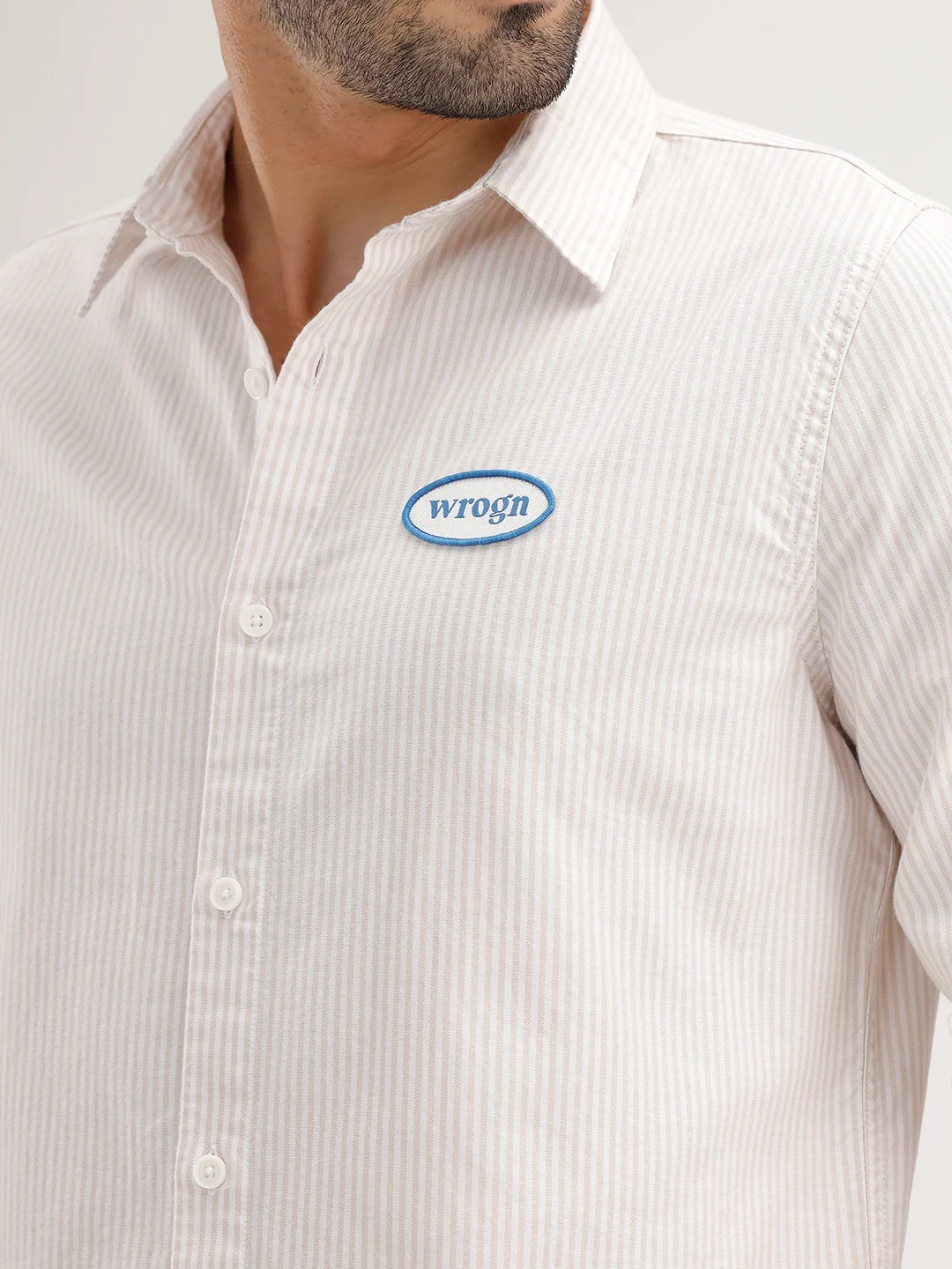 Regular Fit Striped Patch Detail Shirt | Beige - Image 5