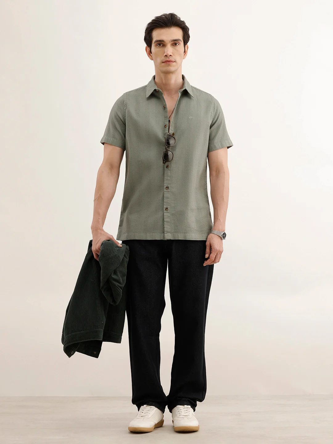 Regular Fit Textured Half Sleeved Shirt | Light Green - Image 2