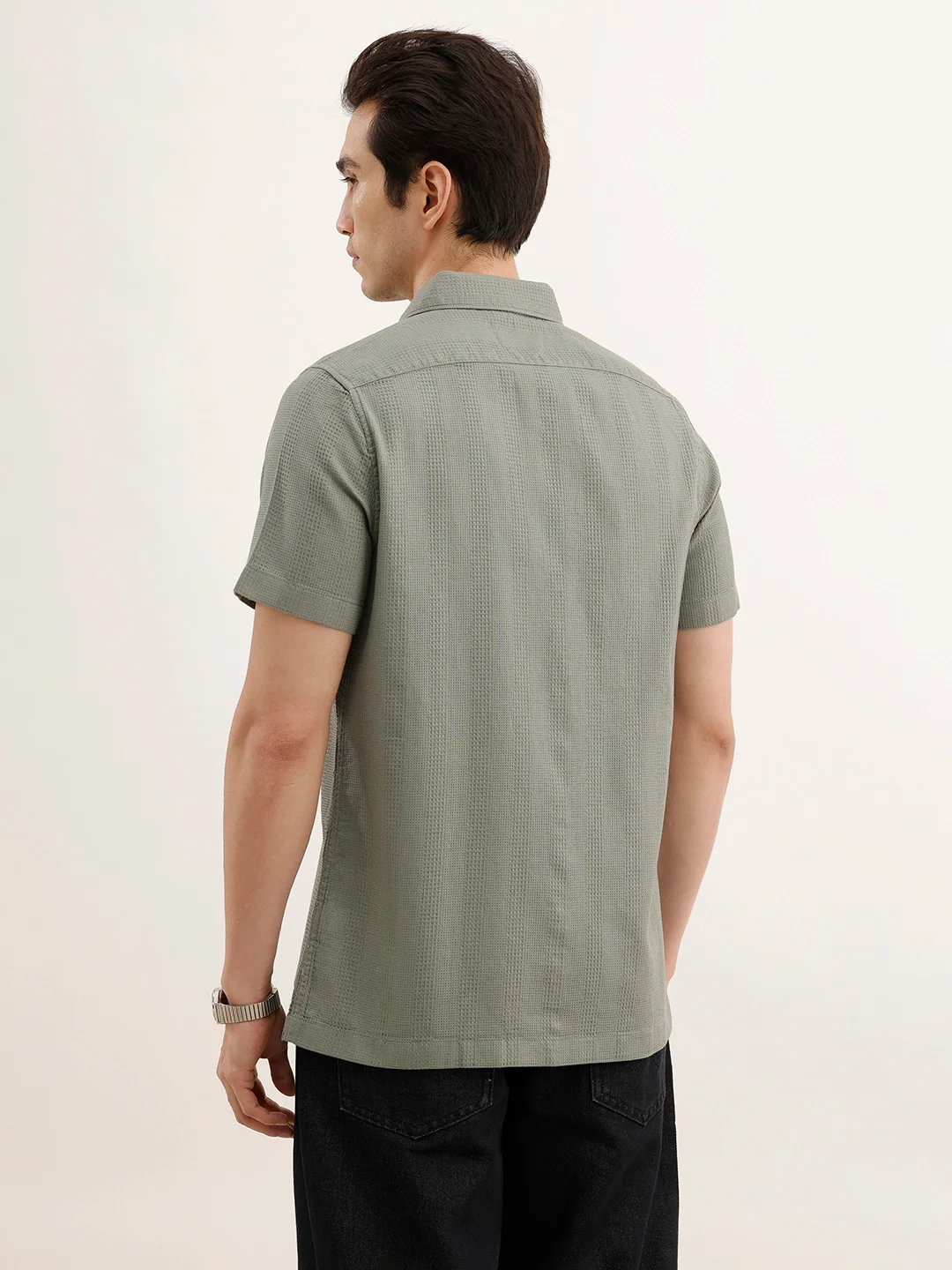 Regular Fit Textured Half Sleeved Shirt | Light Green - Image 3