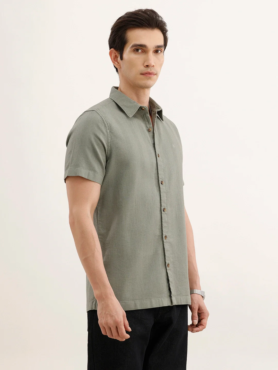 Regular Fit Textured Half Sleeved Shirt | Light Green - Image 4