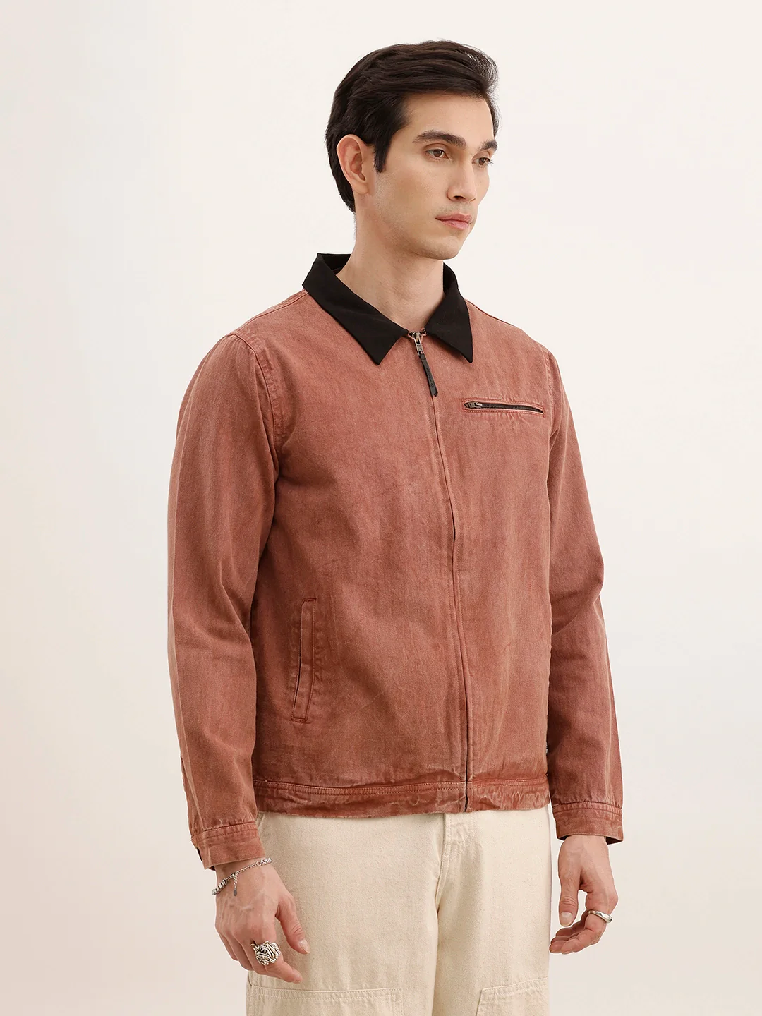 Regular Fit Zipper Denim Jacket | Brown - Image 4