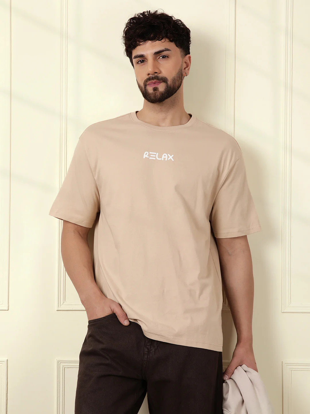 Relax Printed Beige Oversized T-Shirt - Image 4