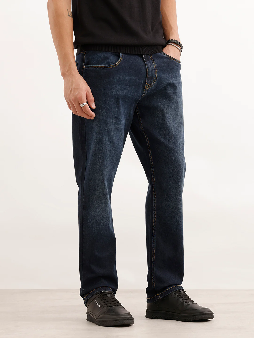 Relaxed Fit Faded Denim Jeans  | Dark Blue - Image 4