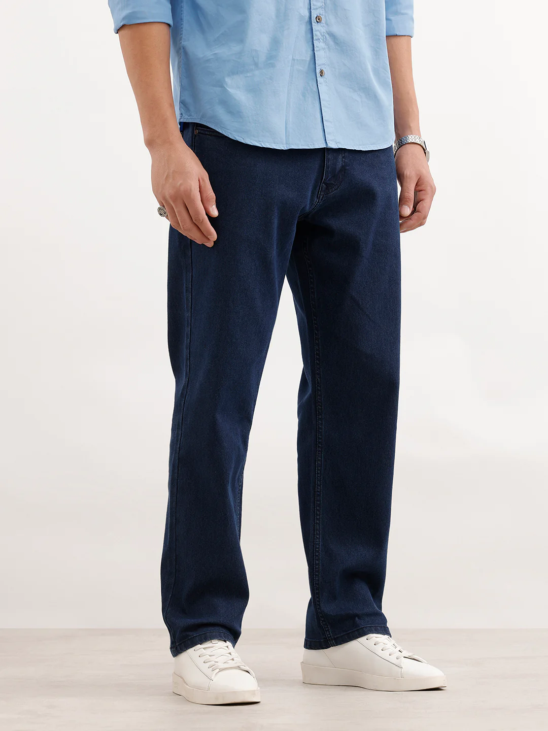 Relaxed Fit Solid Denim Jeans  | Dark Blue - Image 4