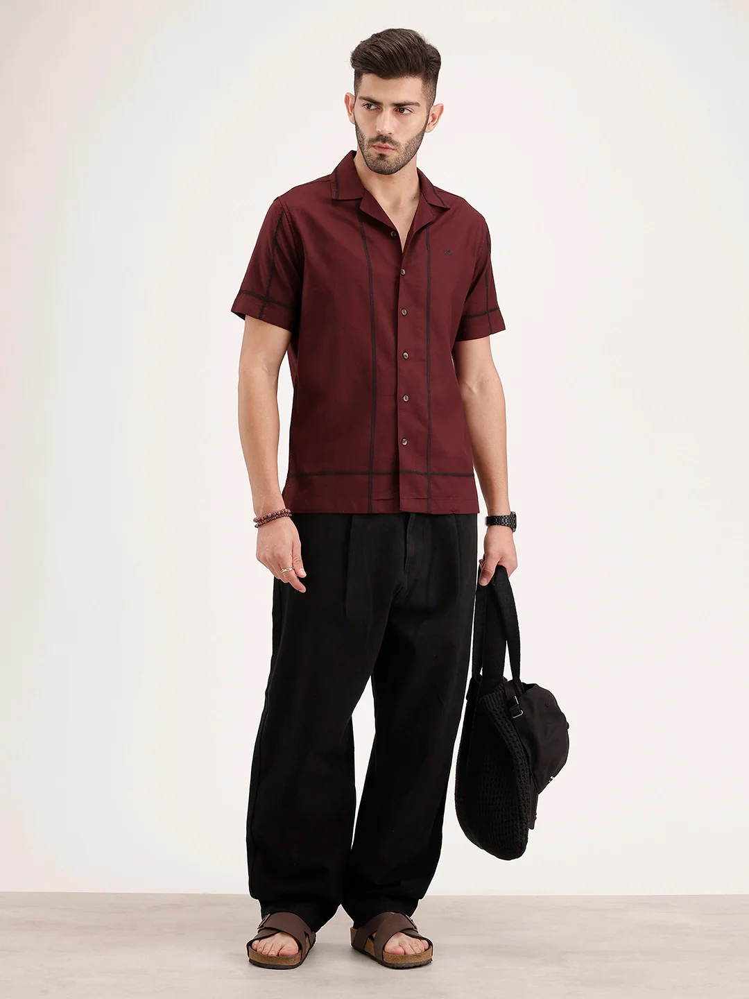 Resort Collar Embroidered Shirt | Wine - Image 2