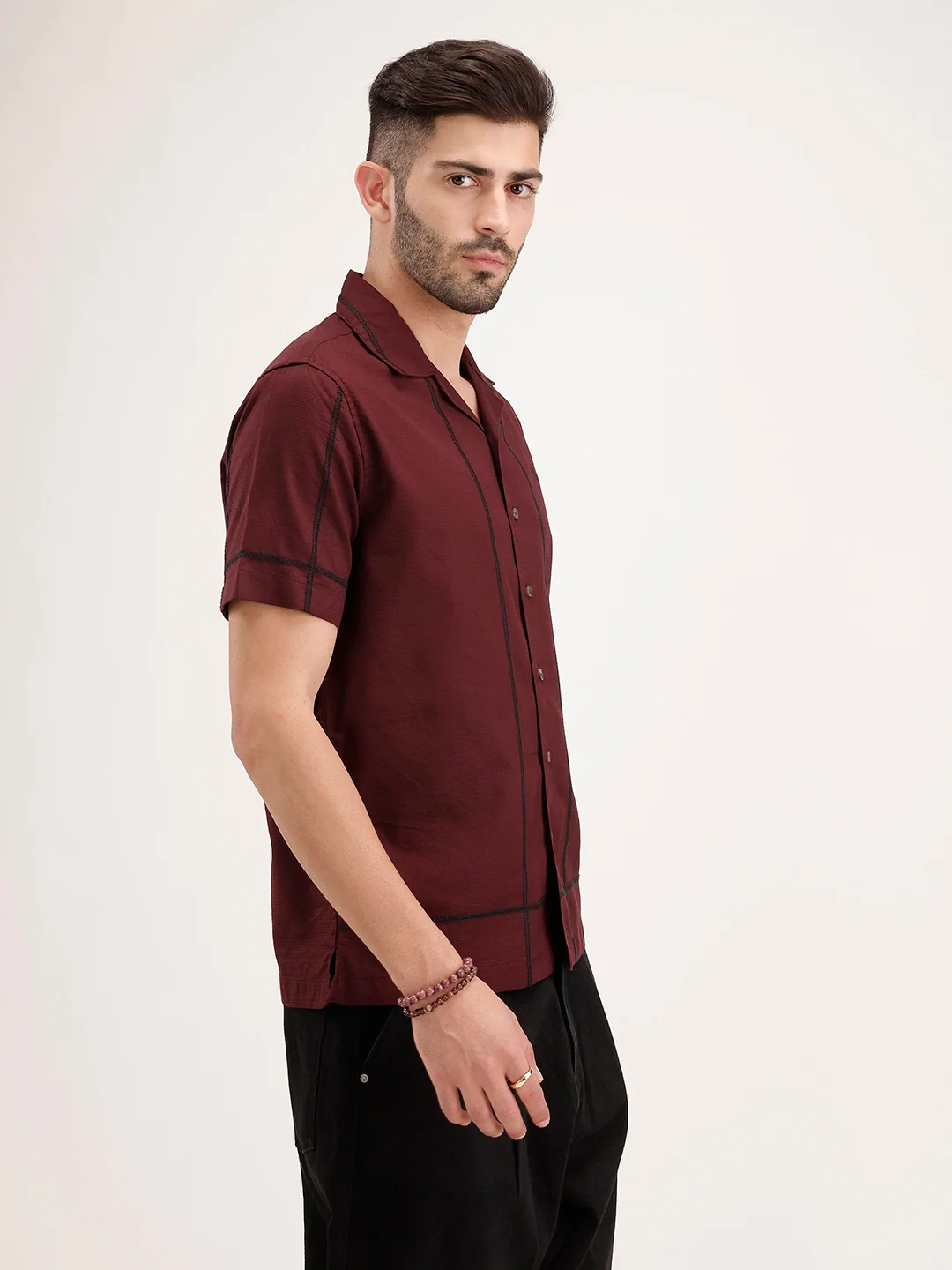 Resort Collar Embroidered Shirt | Wine - Image 4