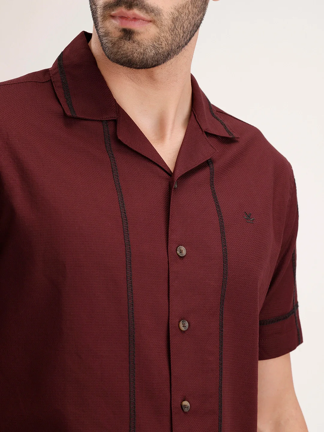 Resort Collar Embroidered Shirt | Wine - Image 5