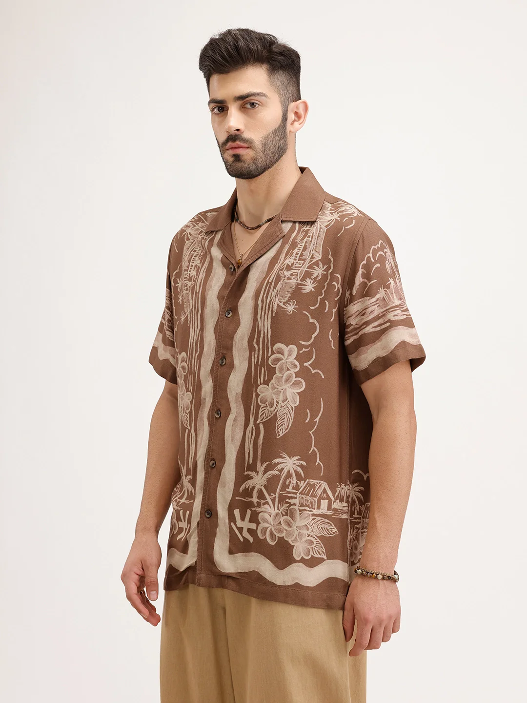 Resort Collar Slim Fit Printed Shirt | Brown - Image 4
