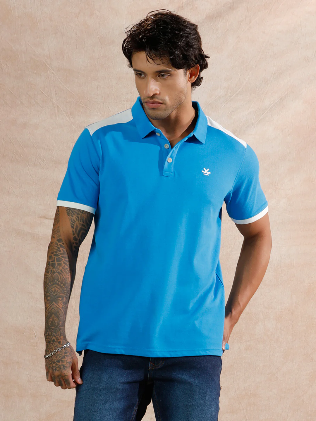 Retro Colour Blocked Polo T-Shirt | Blue