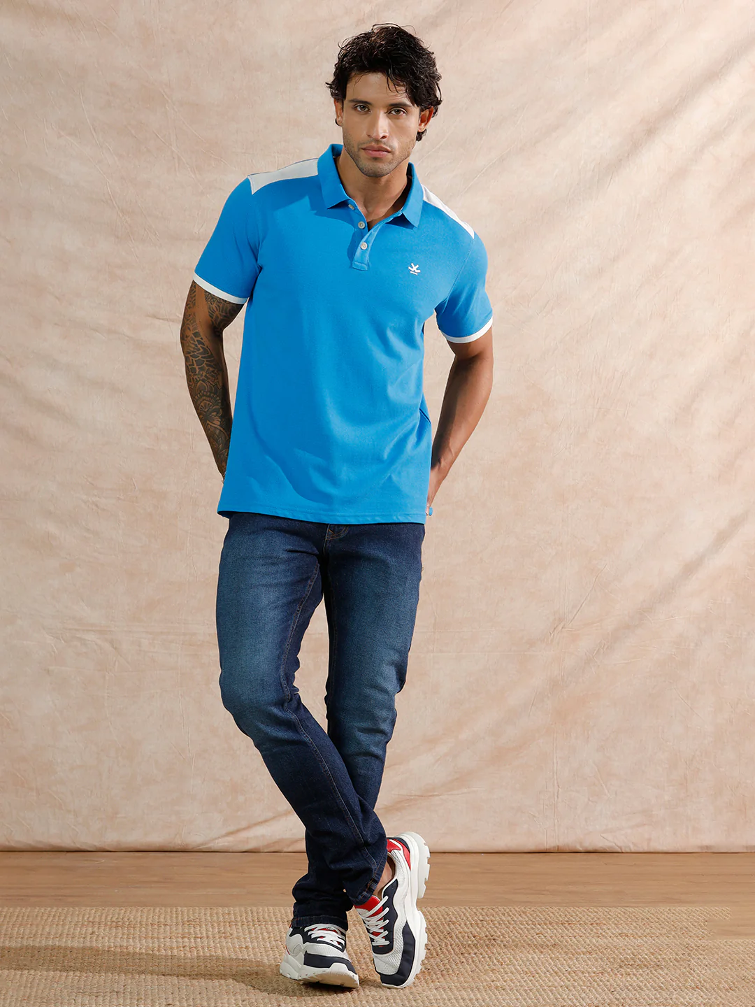 Retro Colour Blocked Polo T-Shirt | Blue - Image 2