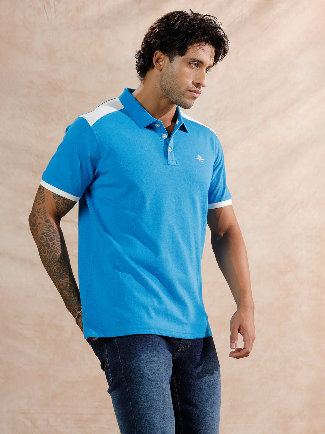 Retro Colour Blocked Polo T-Shirt | Blue - Image 4