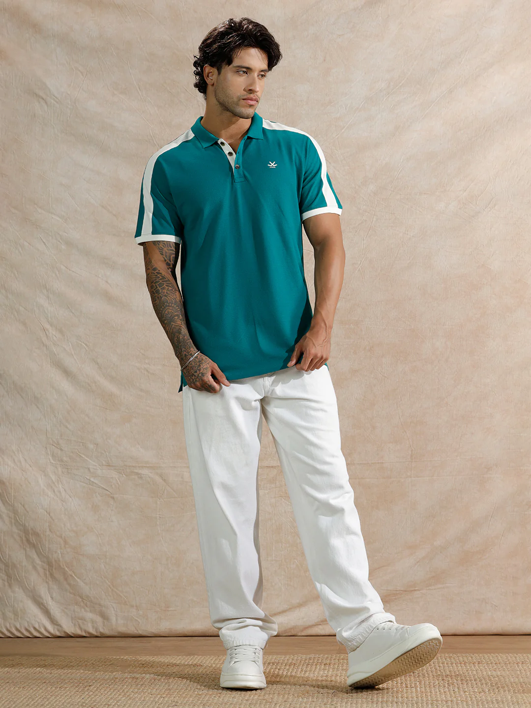 Retro Colour Blocked Polo T-Shirt | Teal - Image 2