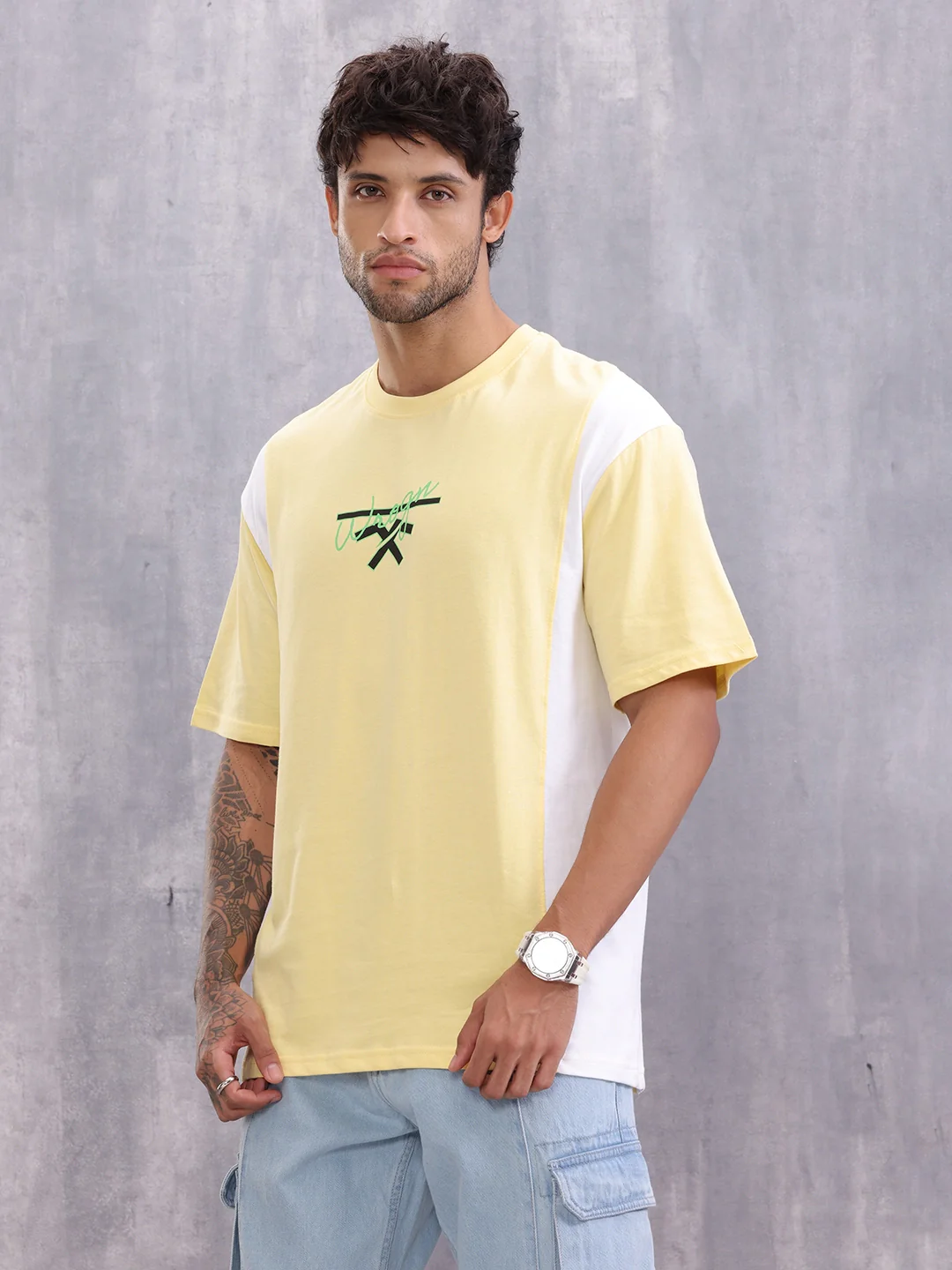 Retro Colourblock Oversized Fit T-shirt With Print | Yellow - Image 4