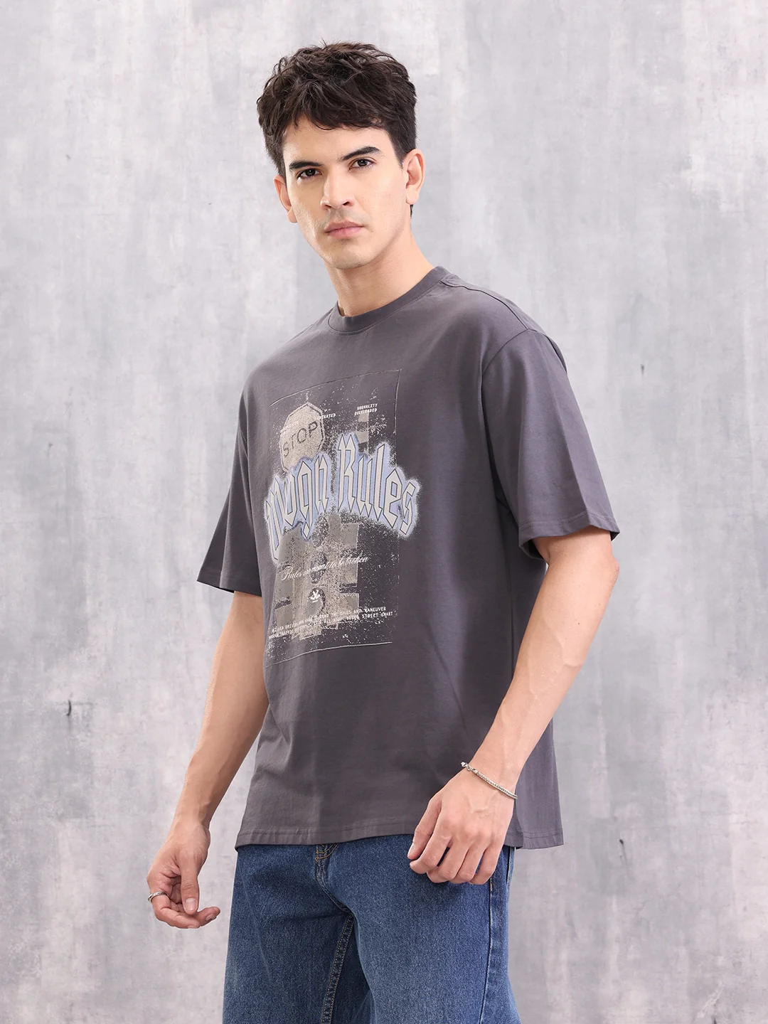 Retro Graphic Printed Oversized Fit T-shirt | Dark Grey - Image 4