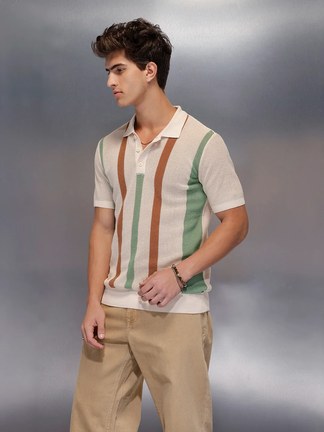 Retro Pastel Vertical Stripe Polo | Beige - Image 4