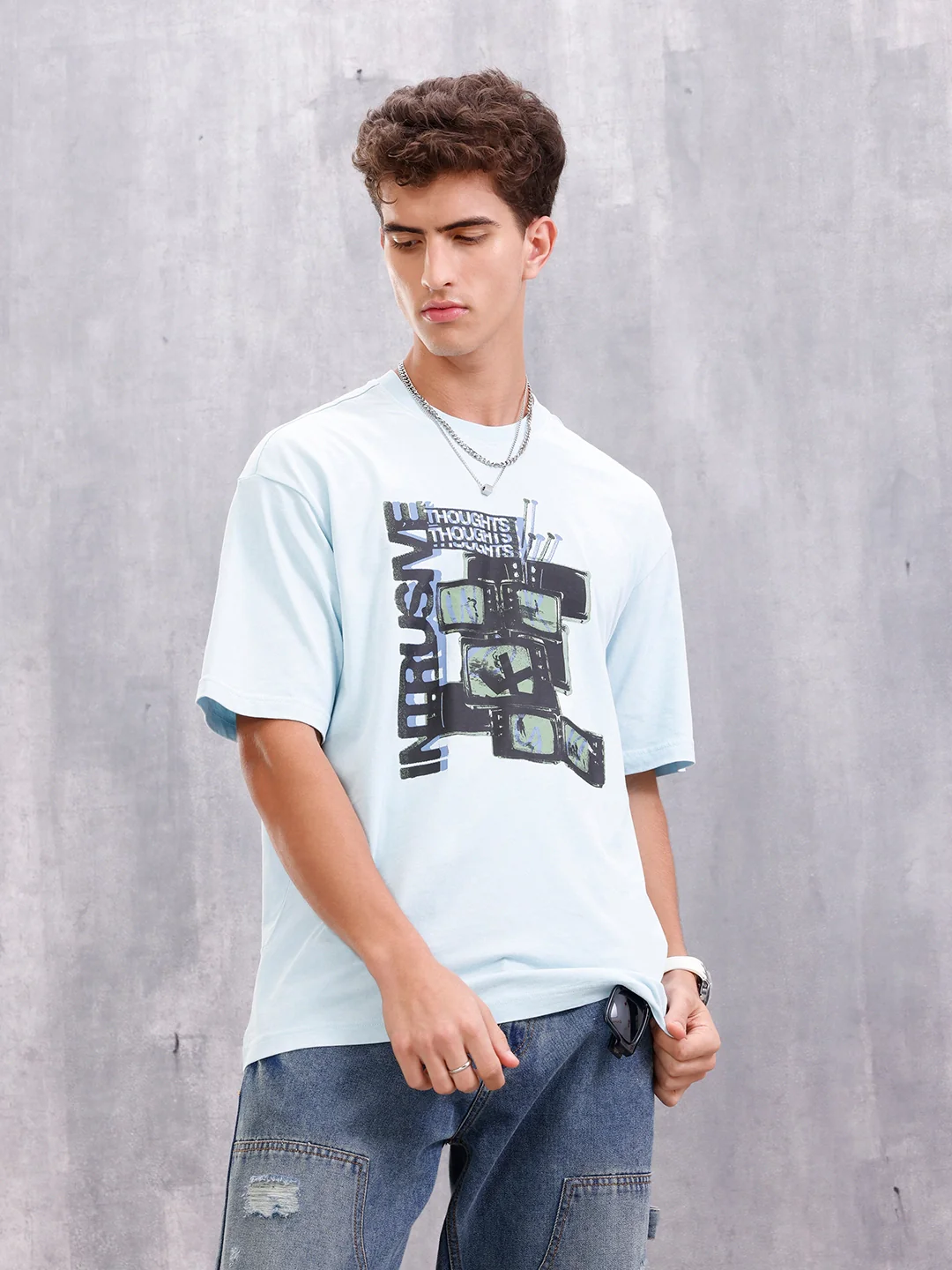 Retro Tv Graphic Printed Oversized Fit Tshirt | Light Blue - Image 3