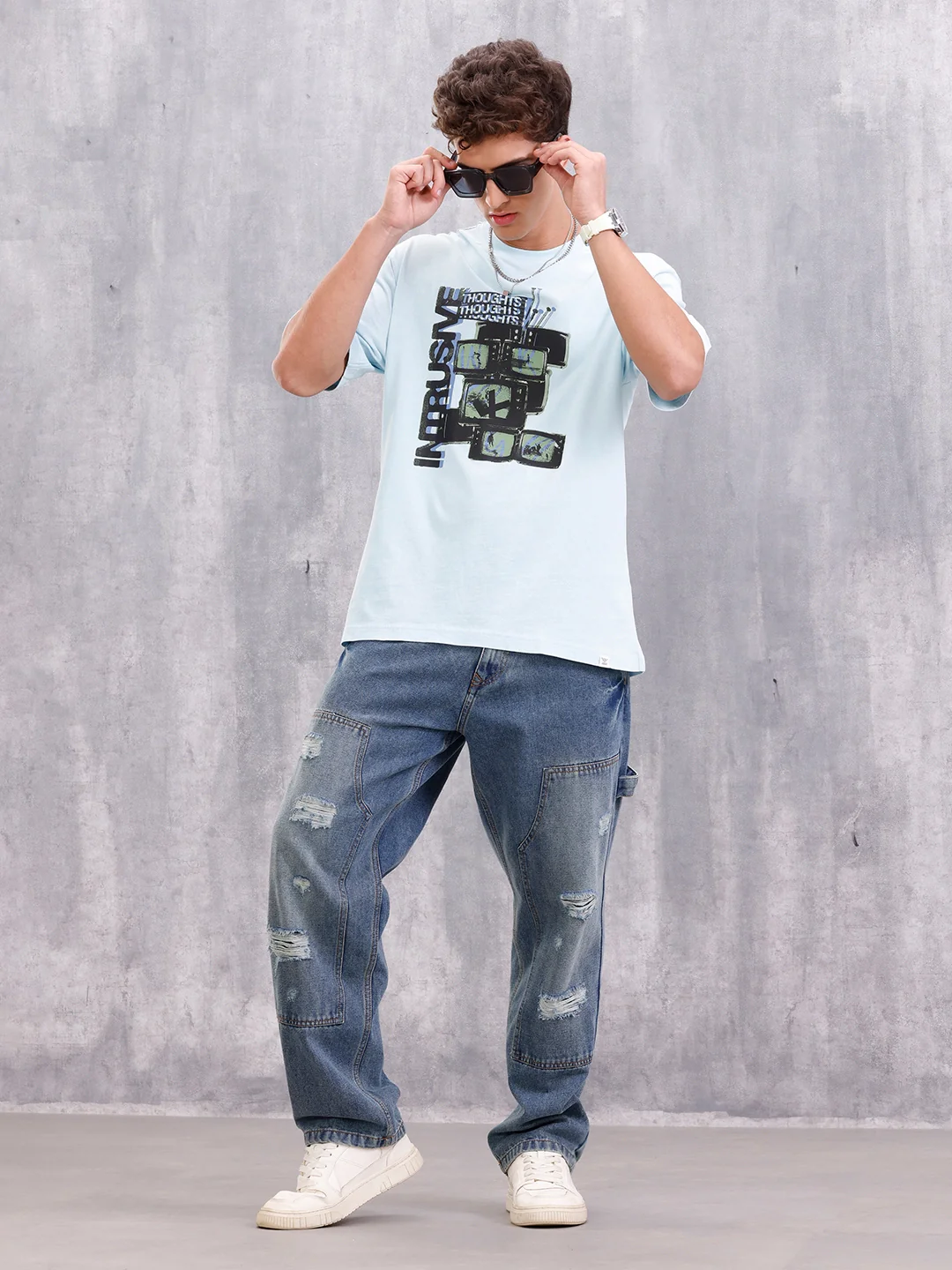 Retro Tv Graphic Printed Oversized Fit Tshirt | Light Blue - Image 4