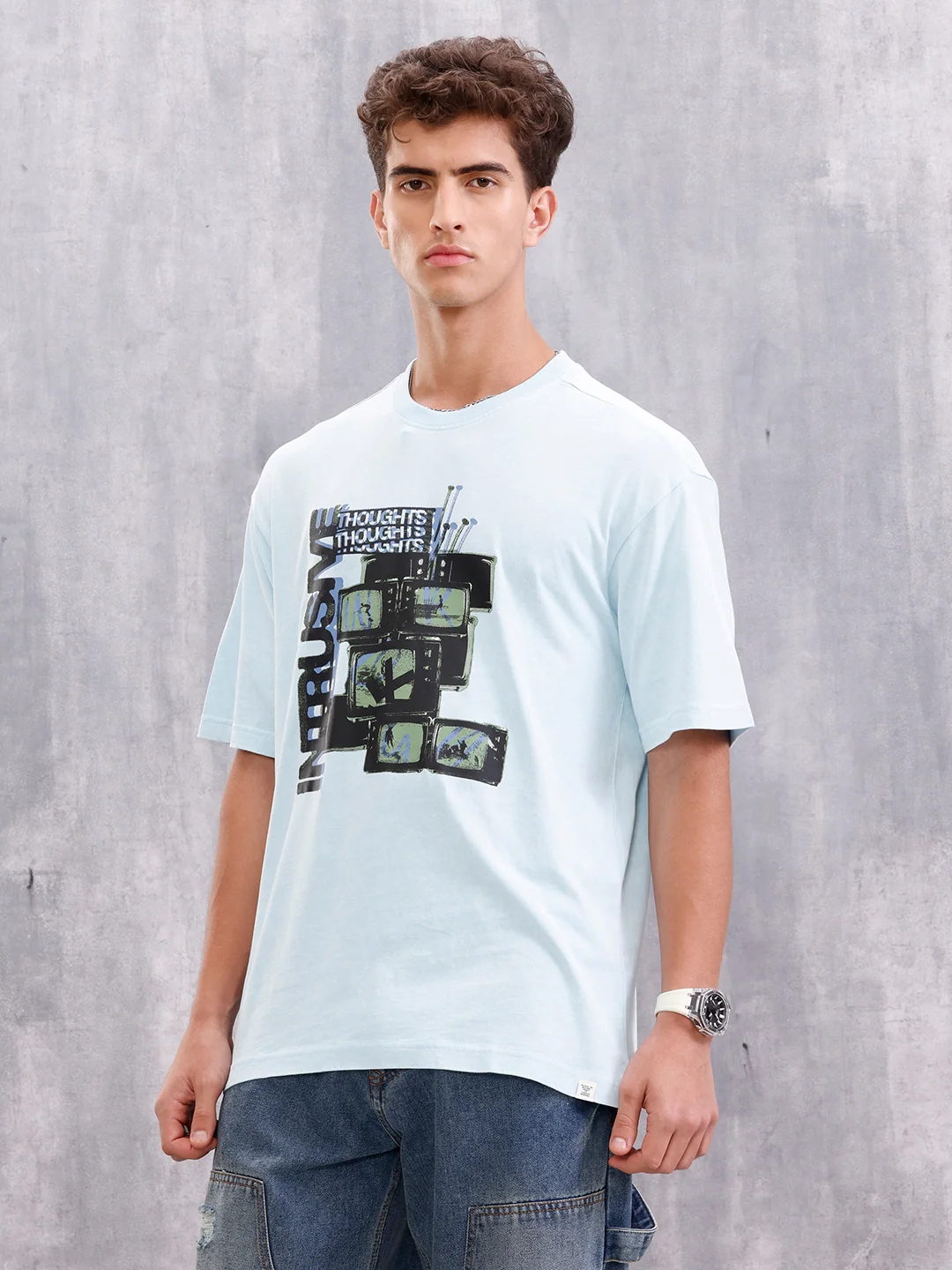 Retro Tv Graphic Printed Oversized Fit Tshirt | Light Blue - Image 6