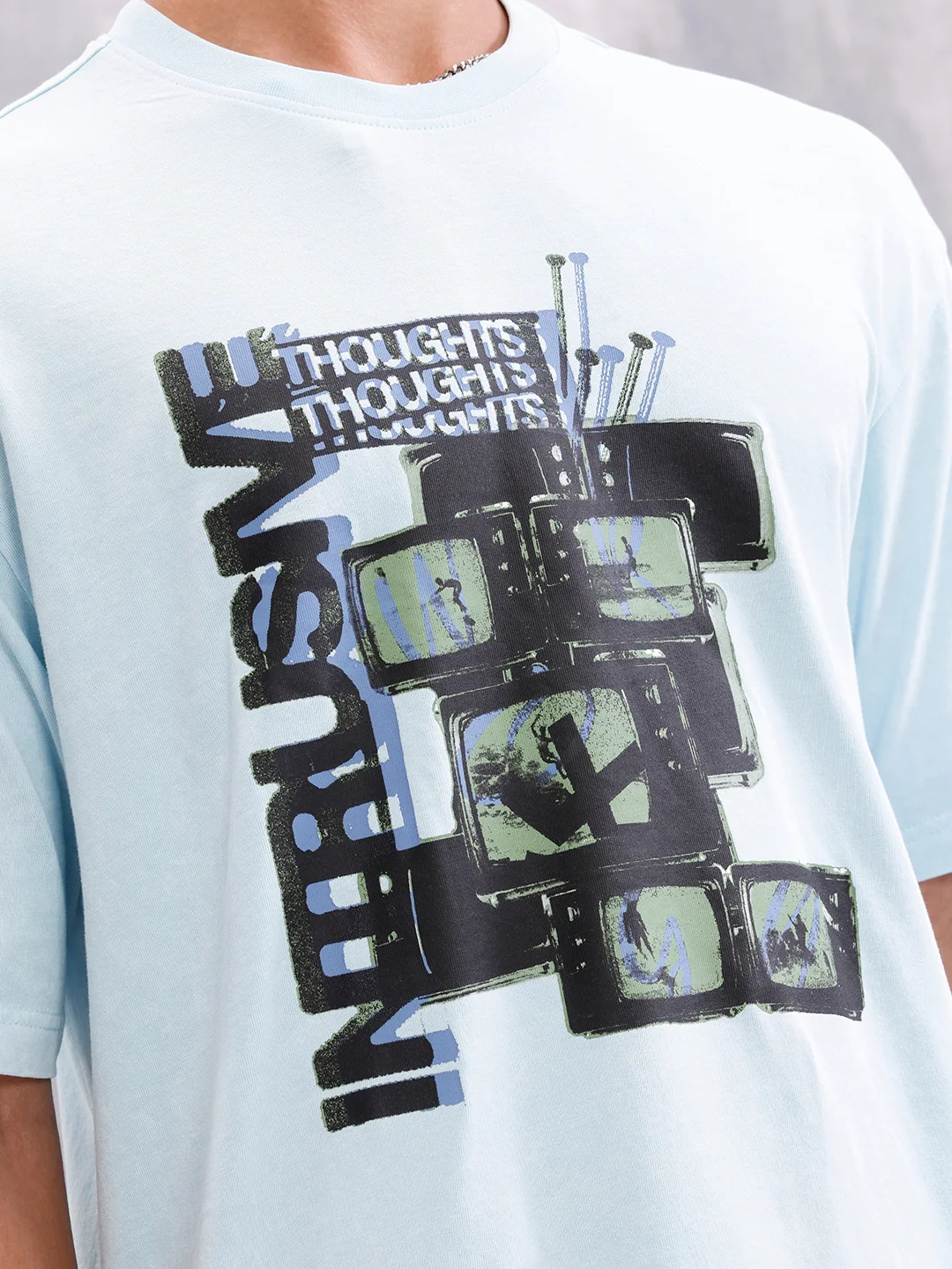 Retro Tv Graphic Printed Oversized Fit Tshirt | Light Blue - Image 7