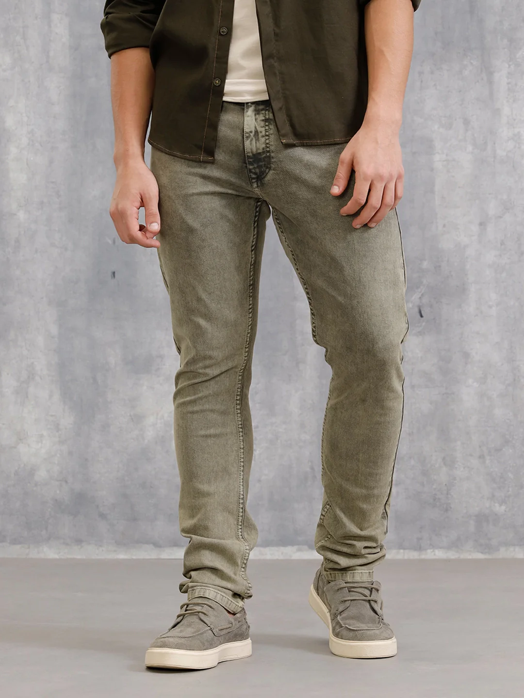Retro Wash Overdyed Slim Fit Jeans | Olive - Image 5