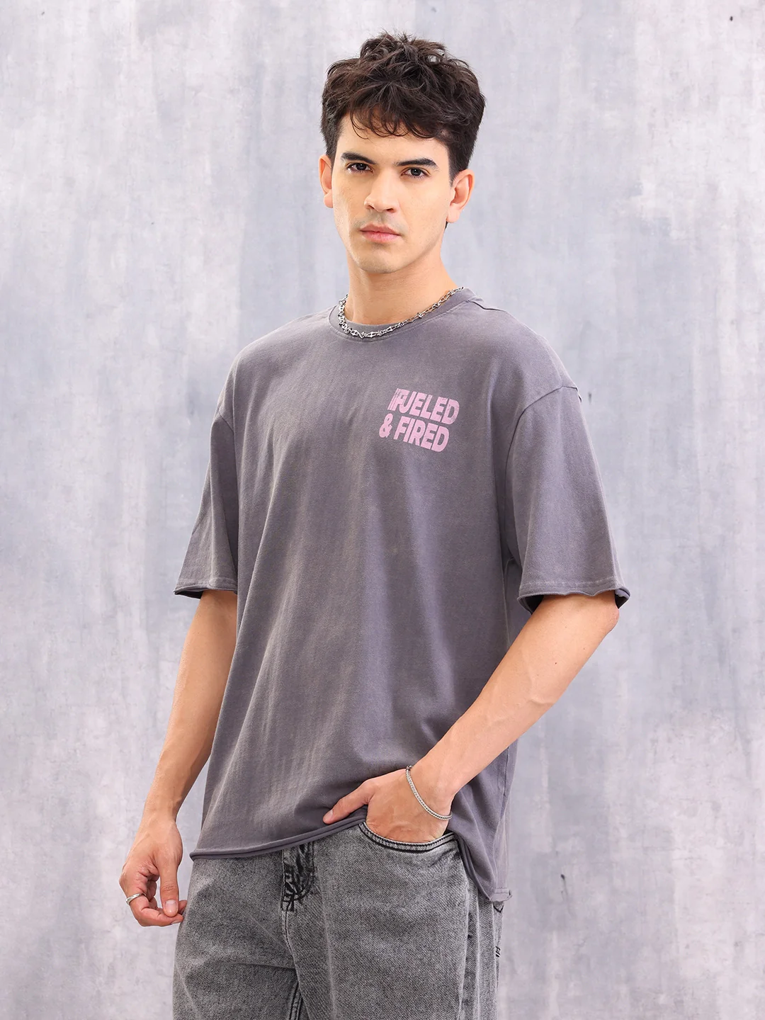 Retro Washed Oversized Fit Raw Edge T-shirt With Graphic | Grey - Image 4