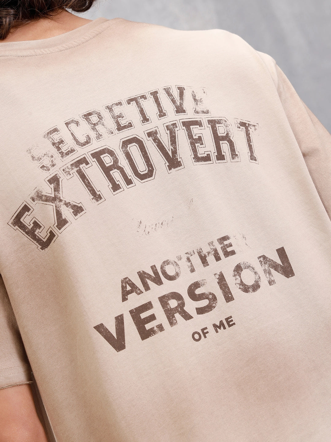 Retro Washed Oversized Fit Tshirt With Back Print |  Beige - Image 3