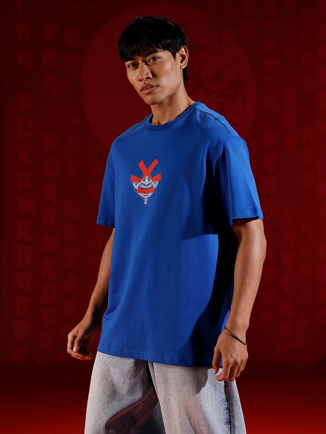 Samurai mask print oversized tshirt | Blue - Image 5