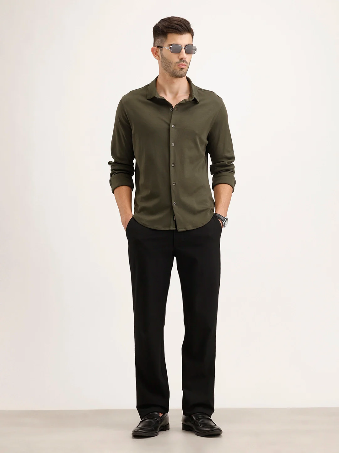 Slim Fit 100% Cotton Shirt | Olive - Image 2