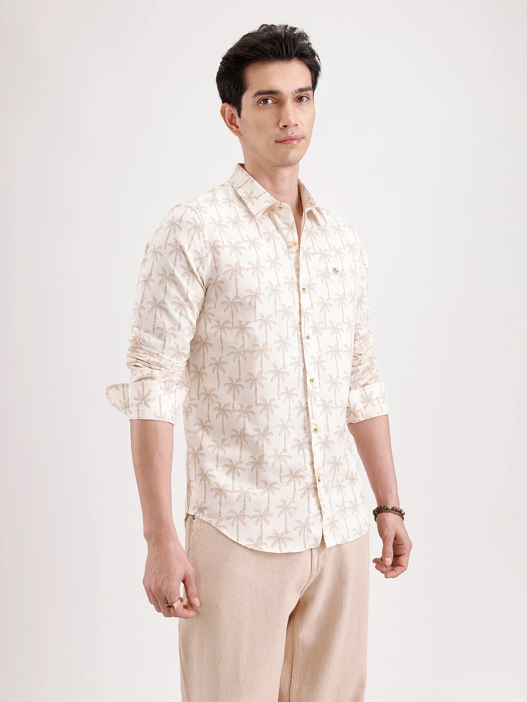 Slim Fit AOP Linen Blend Shirt  | Off White - Image 4