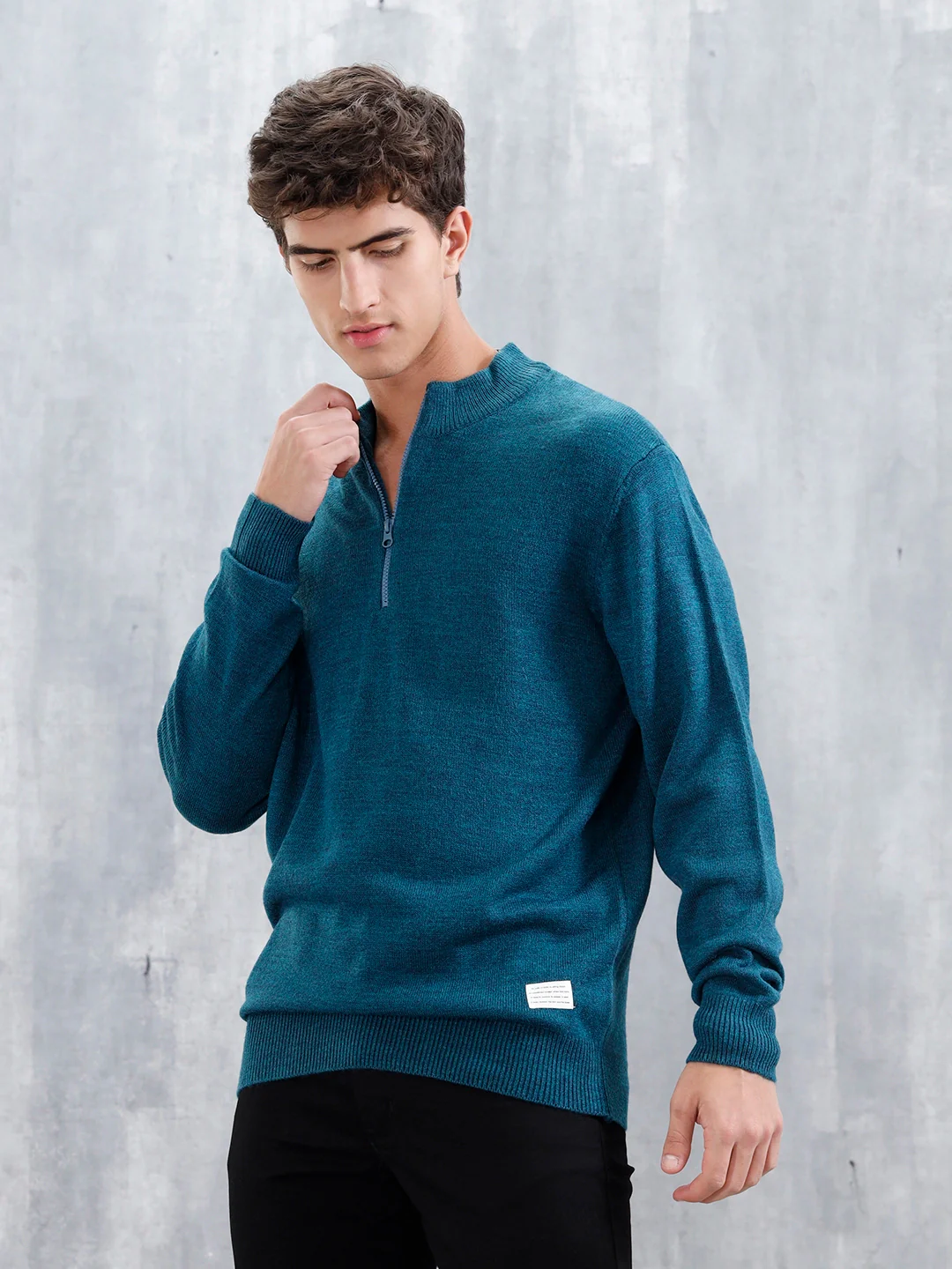 Slim Fit Casual Pullover With Zipper Detail | Teal - Image 4