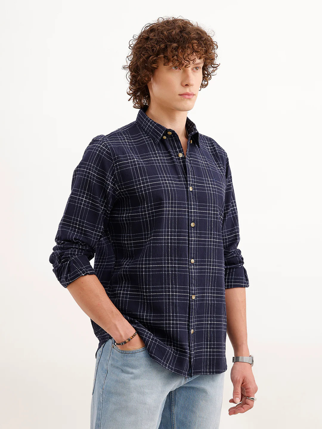 Slim Fit Checkered Shirt  | Navy Blue - Image 4