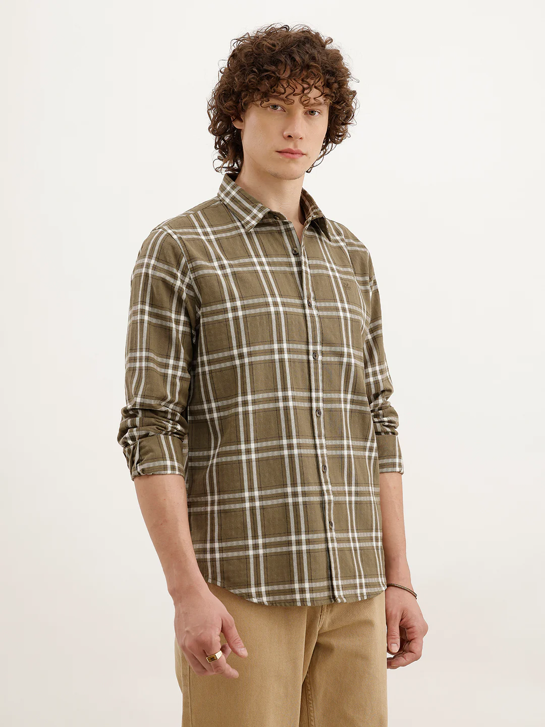 Slim Fit Checkered Shirt  | Olive - Image 4