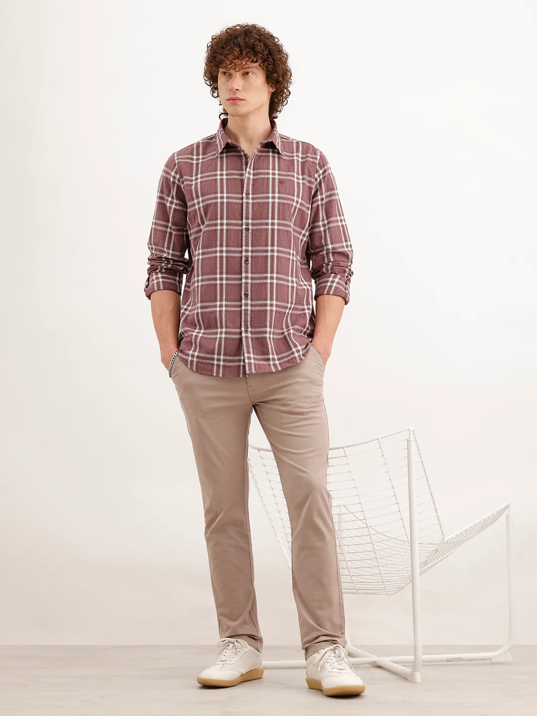 Slim Fit Checkered Shirt  | Peach - Image 2