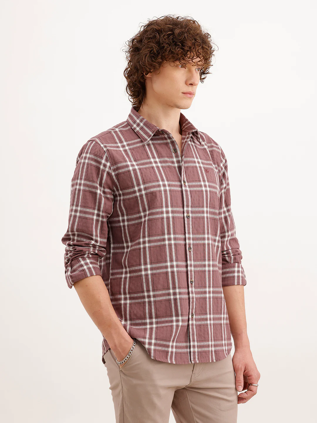 Slim Fit Checkered Shirt  | Peach - Image 4