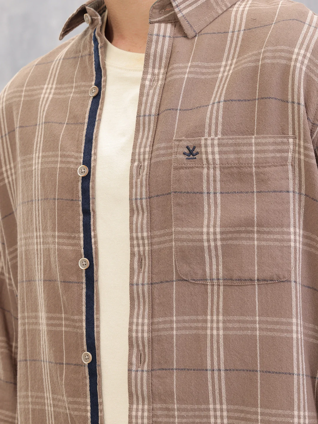 Slim Fit Checks Shirt With Inner Placket Contrast Detailing I Brown - Image 5