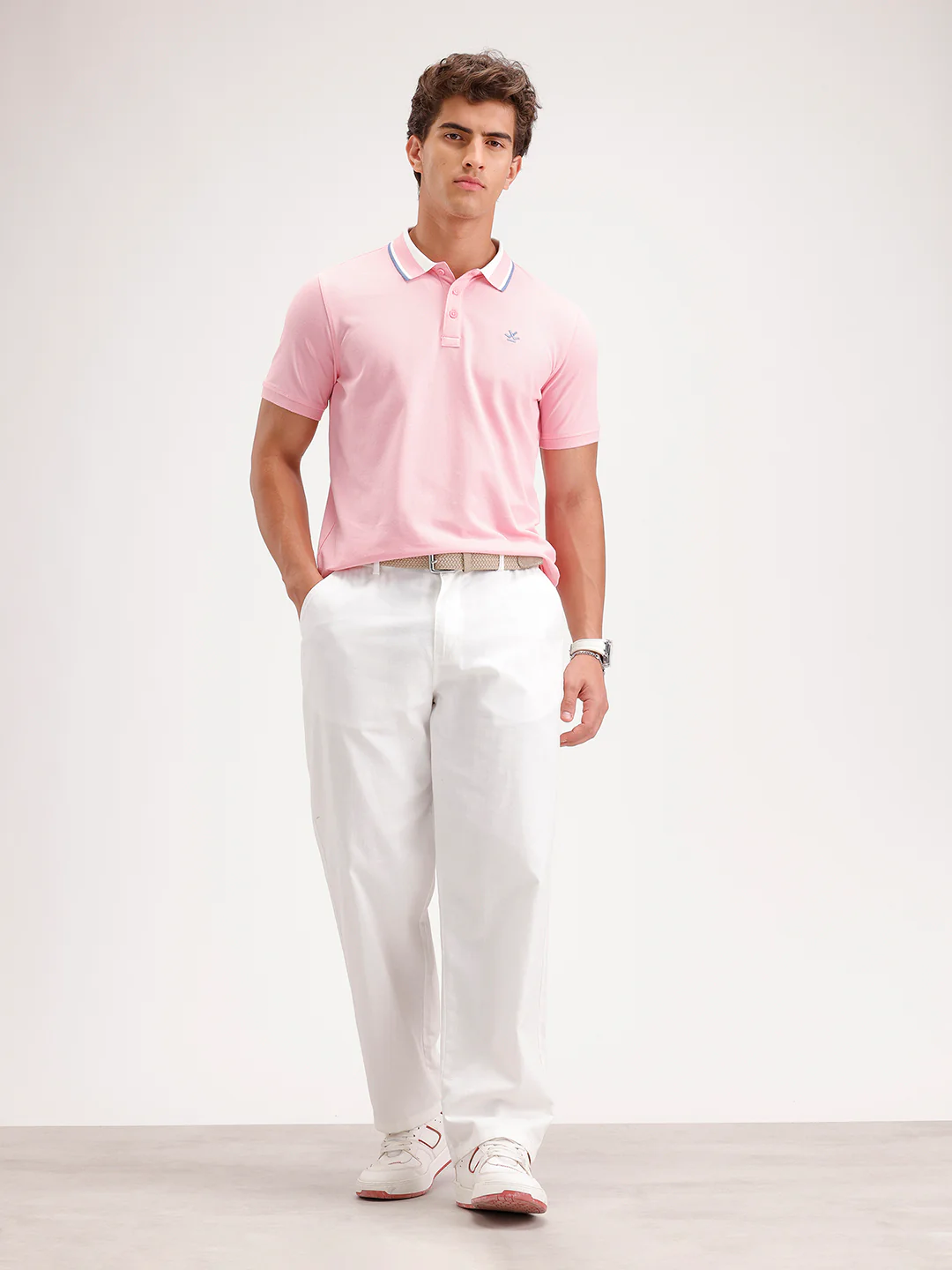 Slim Fit Contrast Collar Polo T-Shirt  | Pink - Image 2