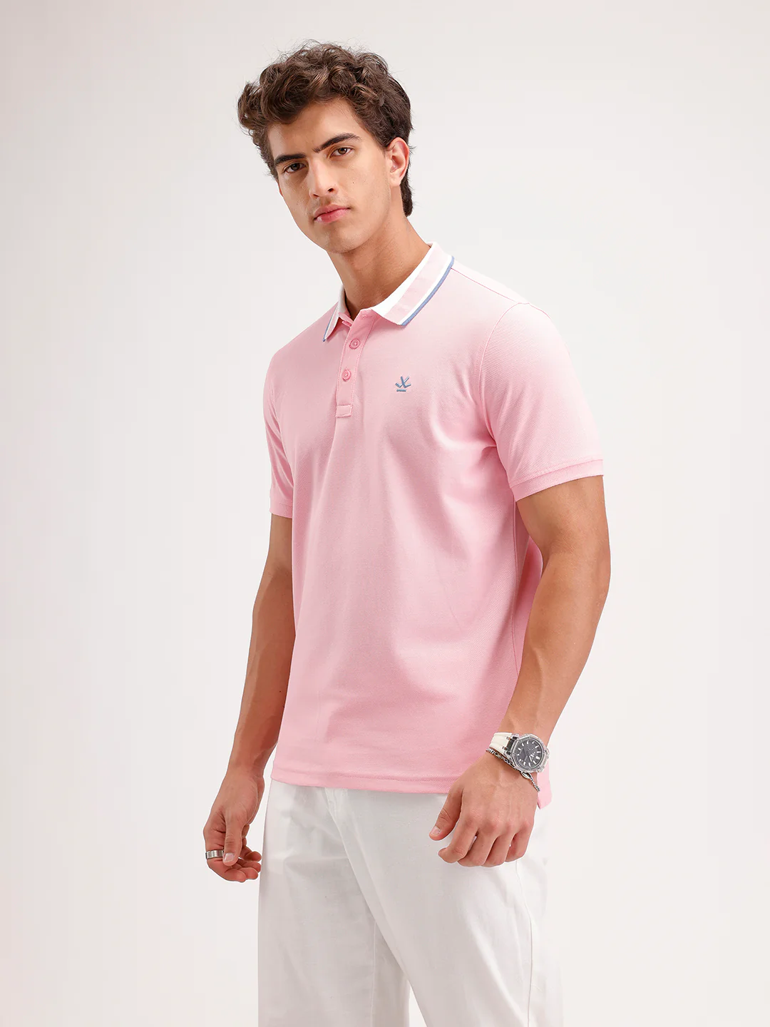 Slim Fit Contrast Collar Polo T-Shirt  | Pink - Image 4