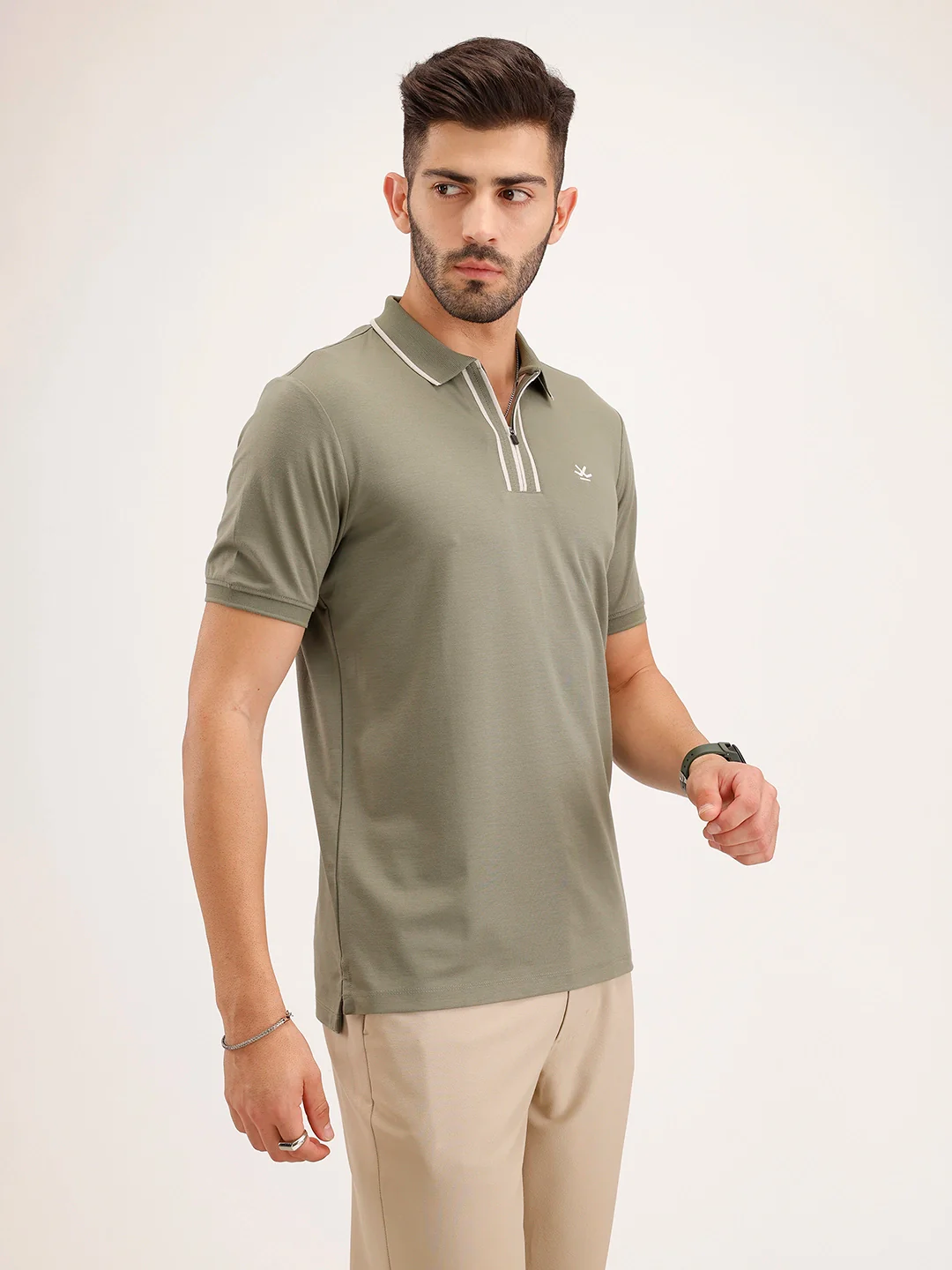 Slim Fit Contrast Collar T-Shirt | Olive - Image 4