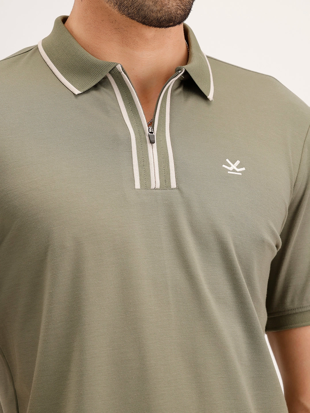 Slim Fit Contrast Collar T-Shirt | Olive - Image 5