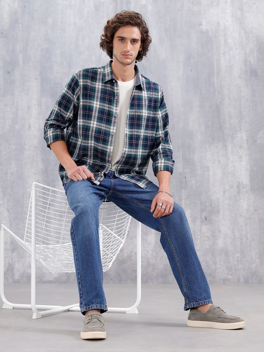 Slim Fit Cotton Indigo Twill Check Shirt | Green - Image 2