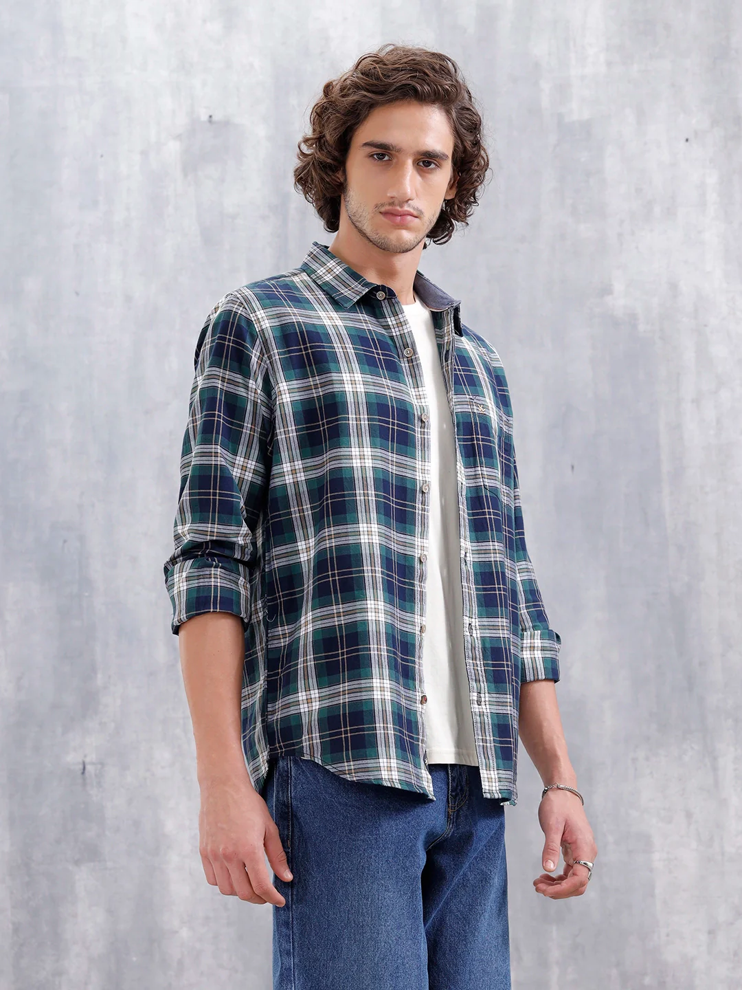 Slim Fit Cotton Indigo Twill Check Shirt | Green - Image 4