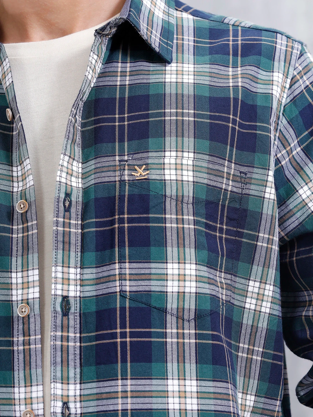 Slim Fit Cotton Indigo Twill Check Shirt | Green - Image 5