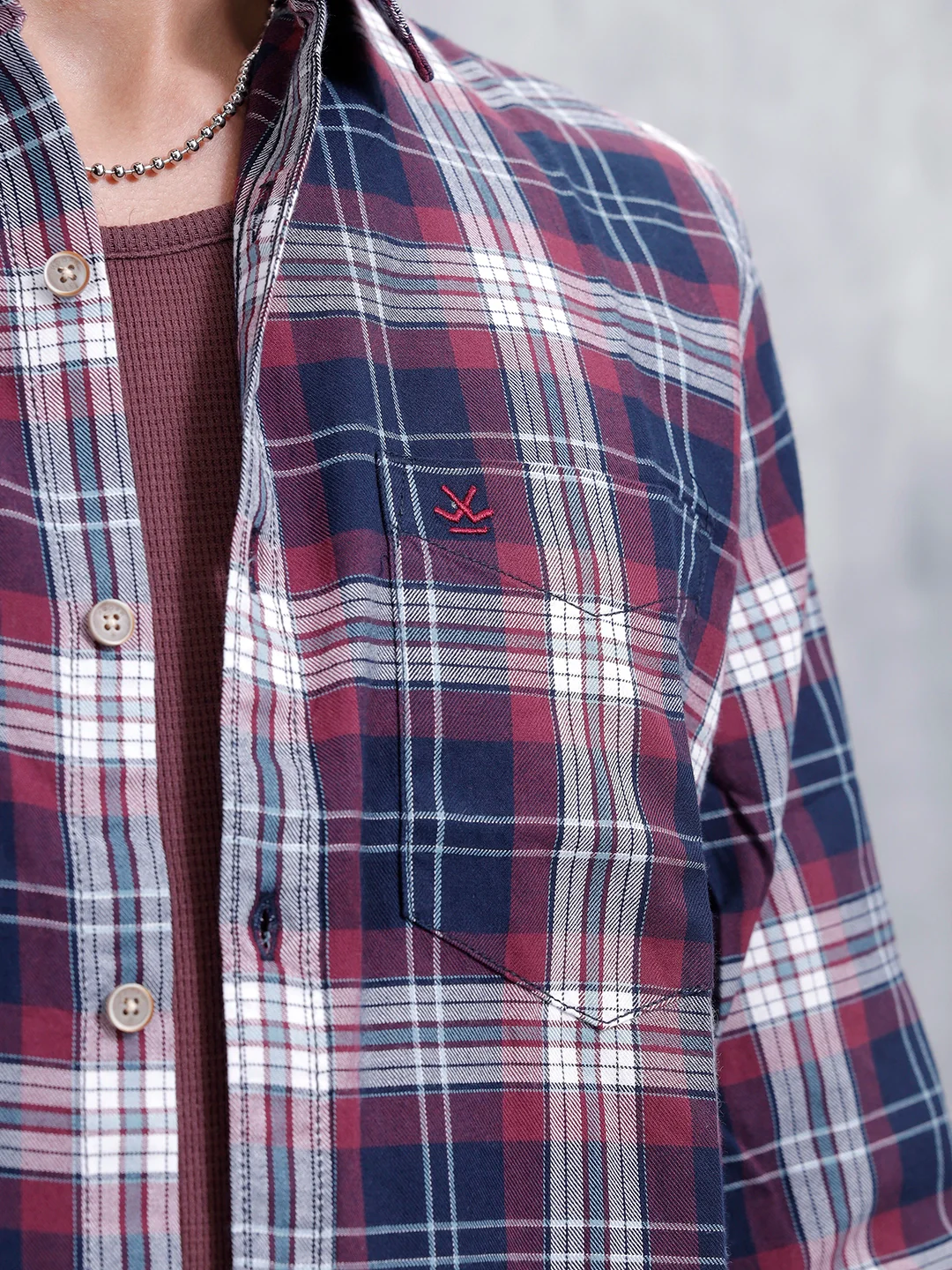 Slim Fit Cotton Indigo Twill Check Shirt | Maroon - Image 5