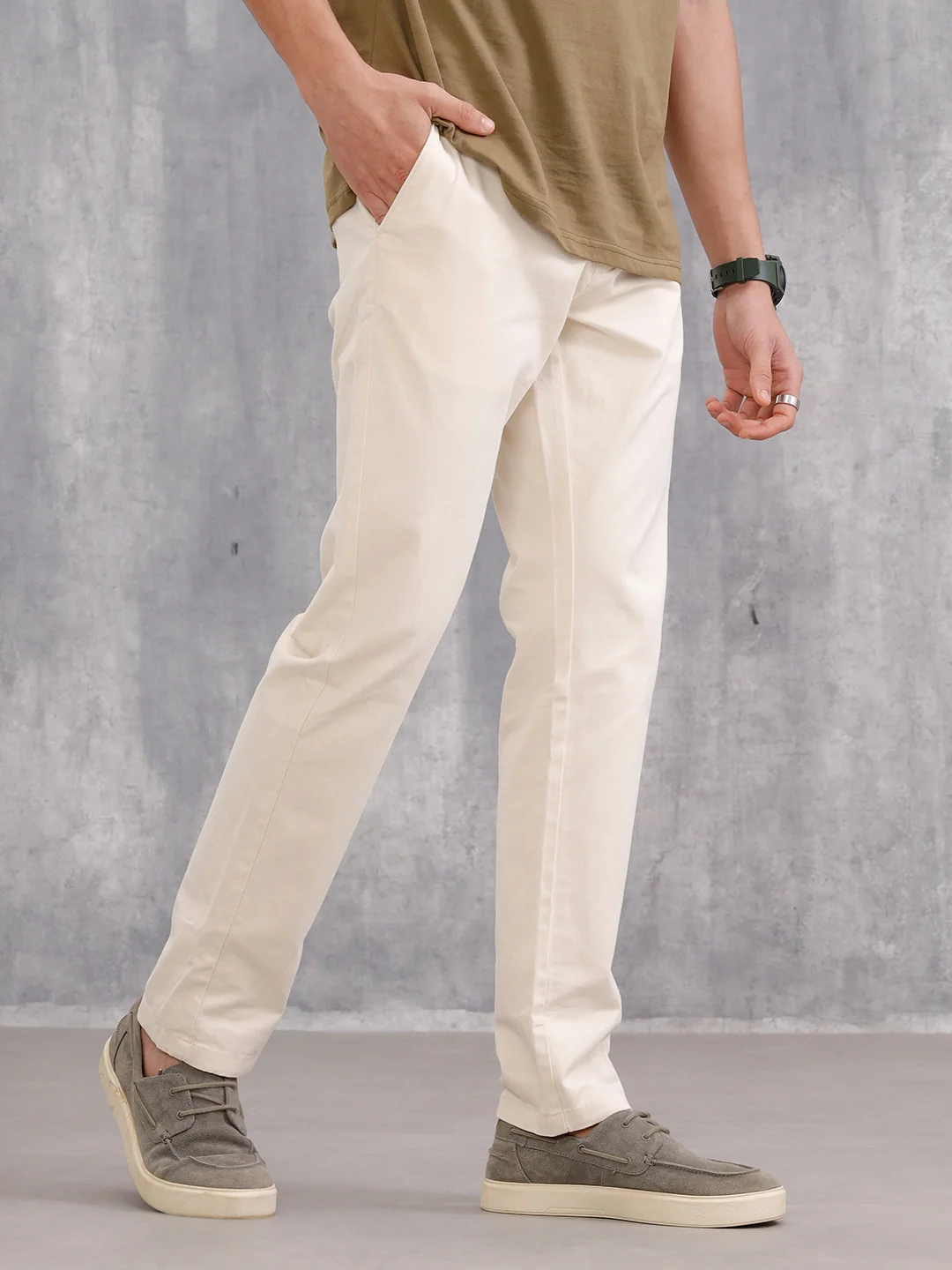 Slim Fit Cotton Stretch Clean Look Trouser | Cream - Image 4