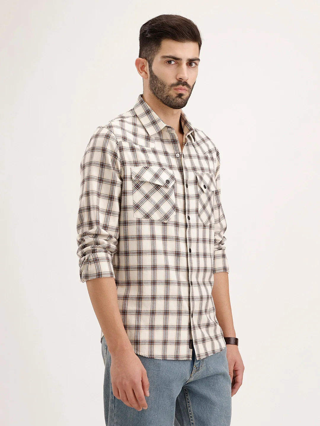 Slim Fit Double Pocket Checkered Shirt | Beige - Image 4