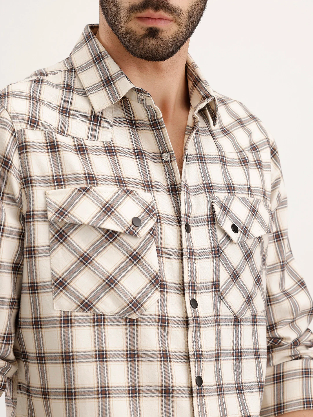 Slim Fit Double Pocket Checkered Shirt | Beige - Image 5