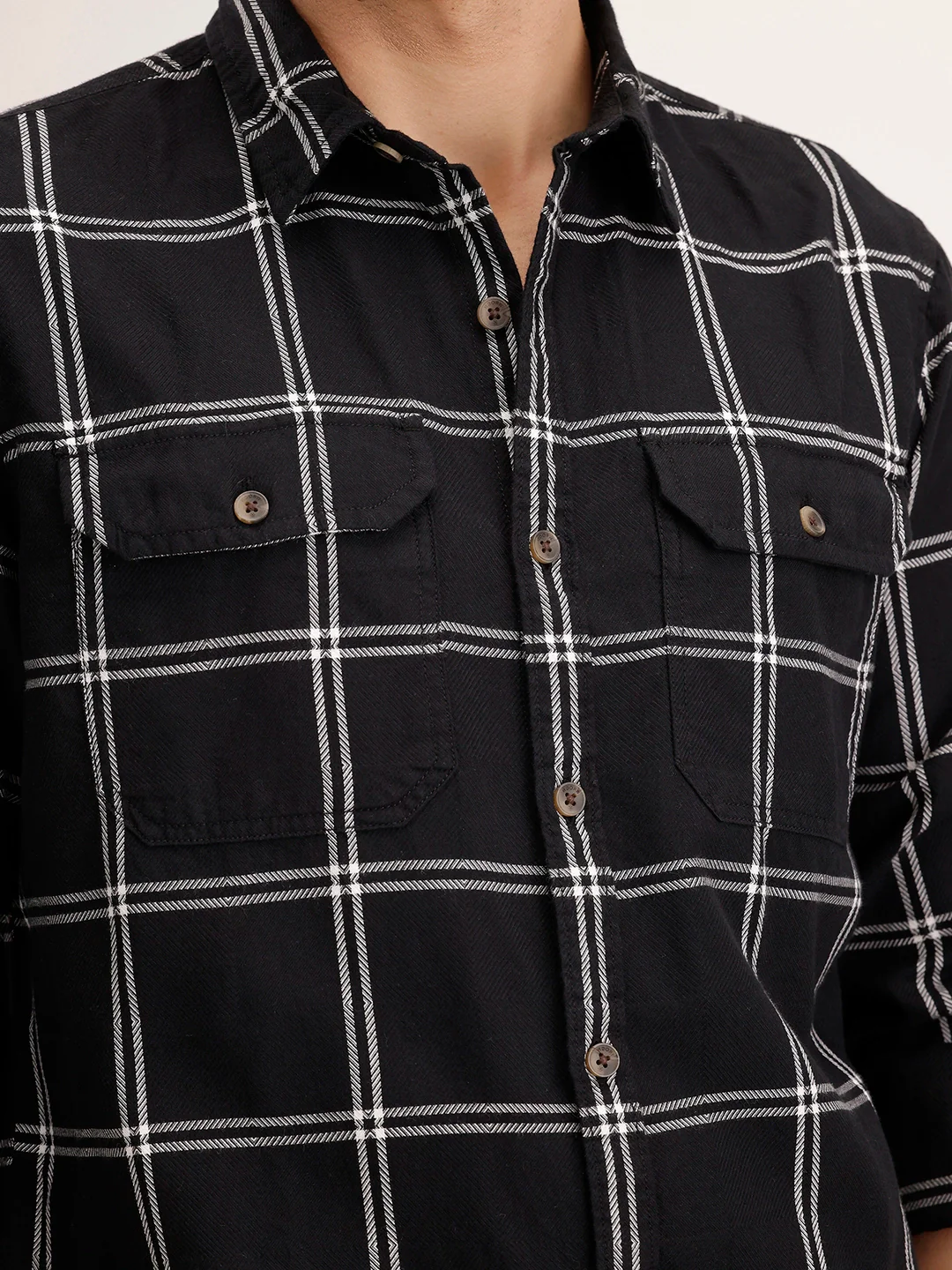 Slim Fit Double Pocket Checkered Shirt | Black - Image 5