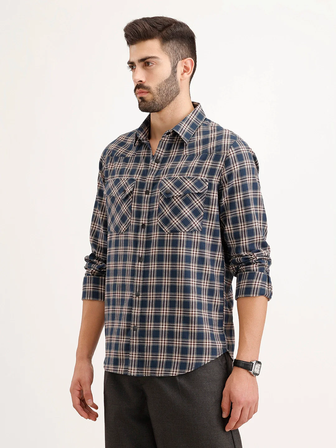 Slim Fit Double Pocket Checkered Shirt | Blue - Image 4