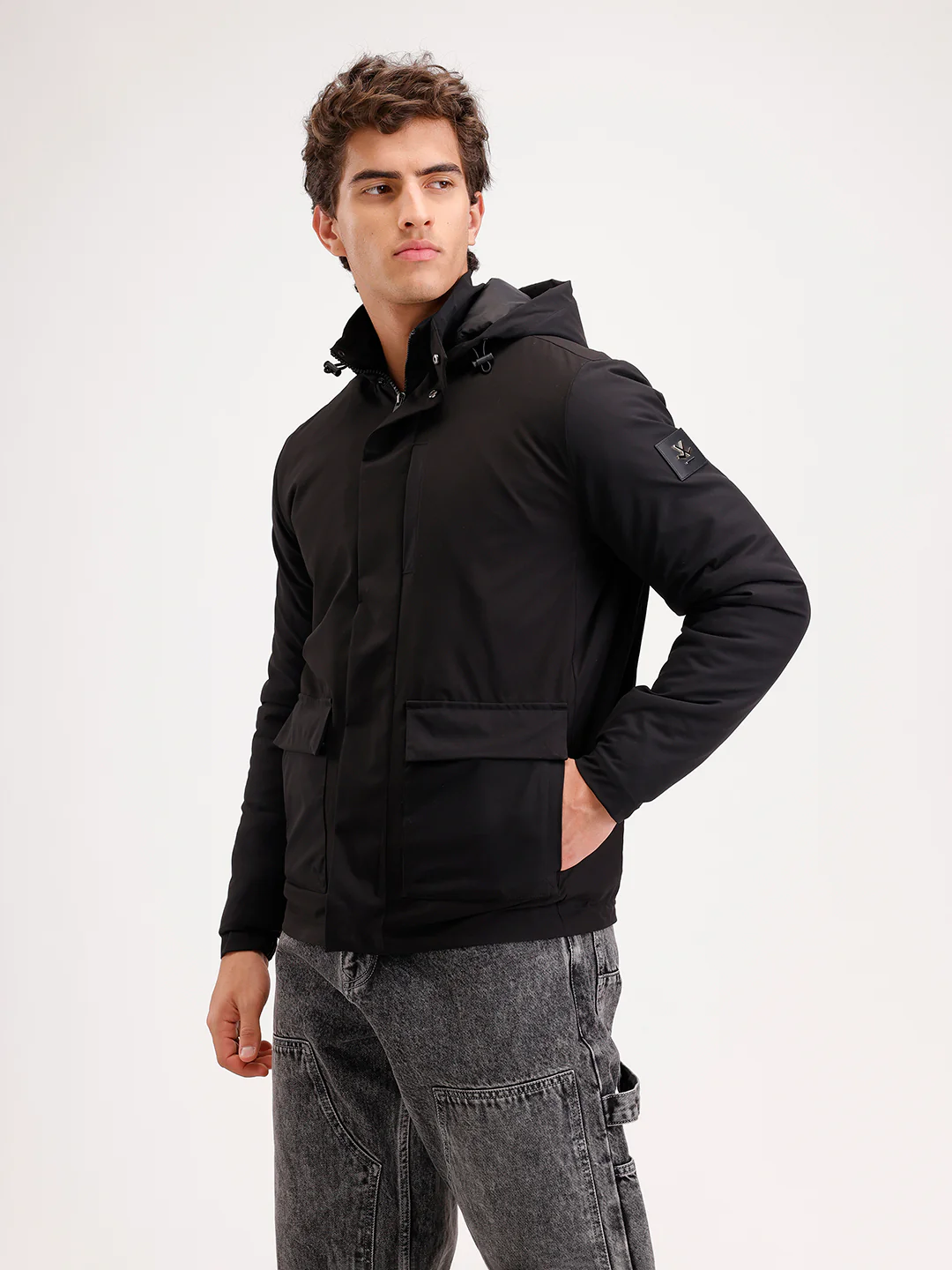 Slim Fit Double Pocket Hooded Jacket  | Black - Image 4